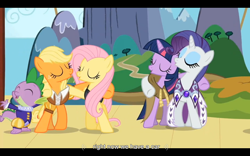 Size: 1024x640 | Tagged: safe, screencap, character:applejack, character:clover the clever, character:fluttershy, character:rarity, character:spike, character:twilight sparkle, episode:hearth's warming eve, g4, my little pony: friendship is magic, princess platinum, private pansy, smart cookie, youtube caption