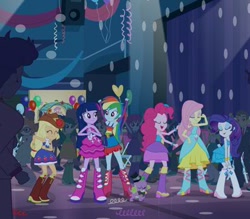 Size: 400x350 | Tagged: safe, screencap, character:applejack, character:curly winds, character:fluttershy, character:mystery mint, character:pinkie pie, character:rainbow dash, character:rarity, character:scribble dee, character:spike, character:twilight sparkle, species:dog, equestria girls:equestria girls, g4, my little pony:equestria girls, background human, balloon, bare shoulders, boots, curly winds, dancing, equestria girls prototype, fall formal outfits, high heel boots, humane five, mane six, out of context, party, rose heart, sleeveless, some blue guy, spike the dog, strapless, sweet leaf, teddy t. touchdown, tennis match