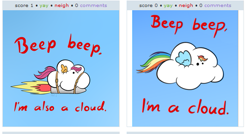 Size: 537x288 | Tagged: safe, screencap, character:rainbow dash, character:scootaloo, species:pegasus, species:pony, derpibooru, beep beep, cloud, exploitable meme, juxtaposition, juxtaposition win, meta