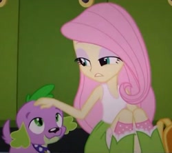Size: 800x711 | Tagged: safe, screencap, character:fluttershy, character:spike, species:dog, equestria girls:equestria girls, g4, my little pony:equestria girls, cropped, head pat, lidded eyes, pat, petting, spike the dog