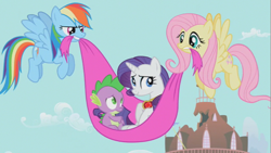 Size: 853x480 | Tagged: safe, screencap, character:fluttershy, character:rainbow dash, character:rarity, character:spike, episode:secret of my excess, g4, my little pony: friendship is magic, cape, clothing