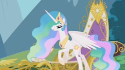 Size: 1280x720 | Tagged: safe, screencap, character:princess celestia, species:alicorn, species:pony, episode:swarm of the century, g4, my little pony: friendship is magic, crown, ethereal mane, female, hoof shoes, jewelry, lidded eyes, mare, out of context, peytral, regalia, solo