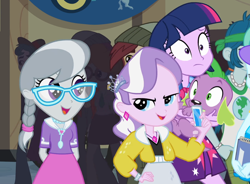 Size: 1226x901 | Tagged: safe, screencap, character:aqua blossom, character:captain planet, character:diamond tiara, character:normal norman, character:scott green, character:scribble dee, character:silver spoon, character:spike, character:twilight sparkle, species:dog, equestria girls:equestria girls, g4, my little pony:equestria girls, background human, iphone, offscreen character, scott green, spike the dog