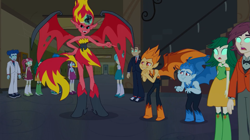 Size: 1023x574 | Tagged: safe, screencap, character:curly winds, character:normal norman, character:snails, character:snips, character:sunset satan, character:sunset shimmer, character:velvet sky, equestria girls:equestria girls, g4, my little pony:equestria girls, background human, boots, clothing, curly winds, demon, fall formal outfits, high heel boots, rose heart, shoes, sneakers, some blue guy, sunset satan, sweet leaf, teddy t. touchdown, tennis match, the fools, velvet sky