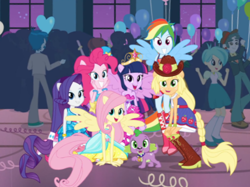 Size: 532x398 | Tagged: safe, screencap, character:applejack, character:fluttershy, character:pinkie pie, character:rainbow dash, character:rarity, character:spike, character:twilight sparkle, equestria girls:equestria girls, g4, my little pony:equestria girls, background human, balloon, bare shoulders, boots, clothing, equestria girls prototype, fall formal, fall formal outfits, hat, high heel boots, mane seven, mane six, ponied up, ponytail, sleeveless, strapless, tennis match, top hat, wings