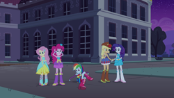 Size: 1920x1080 | Tagged: safe, screencap, character:applejack, character:fluttershy, character:pinkie pie, character:rainbow dash, character:rarity, equestria girls:equestria girls, g4, my little pony:equestria girls, balloon, bare shoulders, boots, bracelet, cowboy boots, fall formal outfits, high heel boots, jewelry, shipping fuel, sleeveless, strapless