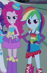Size: 338x518 | Tagged: safe, screencap, character:pinkie pie, character:rainbow dash, equestria girls:equestria girls, g4, my little pony:equestria girls, arm warmers, boots, clothing, fall formal outfits, hand on hip, hat, looking at you, skirt, top hat, wings