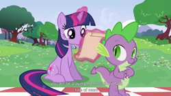 Size: 1366x768 | Tagged: safe, screencap, character:spike, character:twilight sparkle, youtube caption, youtube link