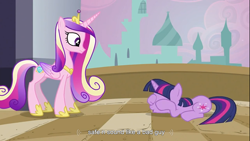Size: 1366x768 | Tagged: safe, screencap, character:princess cadance, character:twilight sparkle, species:alicorn, species:pony, species:unicorn, female, mare, youtube caption, youtube link