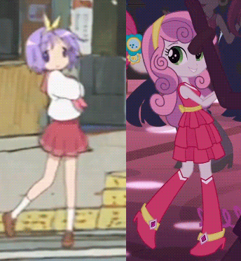 Size: 344x373 | Tagged: safe, screencap, character:sweetie belle, equestria girls:equestria girls, g4, my little pony:equestria girls, animated, anime, background human, coincidence i think not, comparison, cute, dancing, diasweetes, fall formal, fall formal outfits, flower, flower in hair, hairband, hiiragi tsukasa, lucky star, mind blown, rose heart, tennis match, this is our big night