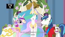 Size: 1366x768 | Tagged: safe, screencap, character:princess cadance, character:princess celestia, character:queen chrysalis, character:shining armor, disguise, disguised changeling, fake cadance, hub logo, youtube caption, youtube link