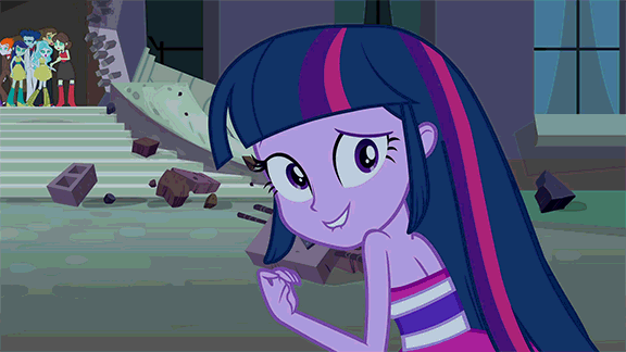 Size: 576x324 | Tagged: safe, screencap, character:blueberry cake, character:curly winds, character:heath burns, character:paisley, character:sophisticata, character:twilight sparkle, character:twilight sparkle (alicorn), species:alicorn, species:pony, equestria girls:equestria girls, g4, my little pony:equestria girls, adorkable, animated, background human, bare shoulders, blueberry cake, boots, canterlot high, curly winds, cute, dork, embarrassed, fall formal outfits, grin, heath burns, high heel boots, reaction image, sheepish grin, sleeveless, smiling, some blue guy, sophisticata, strapless, teddy t. touchdown