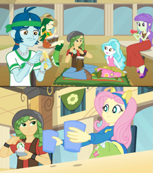 Size: 735x829 | Tagged: safe, screencap, character:captain planet, character:fluttershy, character:sandalwood, equestria girls:equestria girls, g4, my little pony:equestria girls, banana, bongos, fake ears, food, hippie, pony ears, watermelon, wondercolts uniform