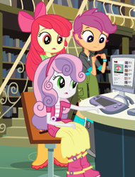 Size: 471x620 | Tagged: safe, screencap, character:apple bloom, character:scootaloo, character:sweetie belle, species:pegasus, species:pony, equestria girls:equestria girls, g4, my little pony:equestria girls, boots, computer, cutie mark crusaders, library, shoes