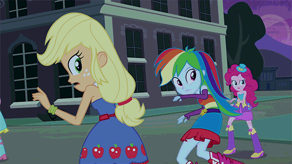 Size: 576x324 | Tagged: safe, screencap, character:applejack, character:fluttershy, character:pinkie pie, character:rainbow dash, character:rarity, equestria girls:equestria girls, g4, my little pony:equestria girls, animated, bare shoulders, boots, bracelet, clothing, dress, fall formal outfits, gif, hat, high heel boots, jewelry, scared, sleeveless, strapless, top hat