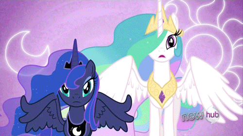 Size: 500x281 | Tagged: safe, screencap, character:princess celestia, character:princess luna, episode:the crystal empire, g4, my little pony: friendship is magic, animated, crystal empire, duo, hair over one eye, hub logo