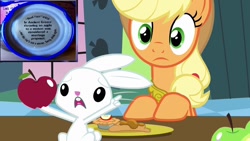 Size: 1280x720 | Tagged: safe, screencap, character:angel bunny, character:applejack, episode:keep calm and flutter on, g4, my little pony: friendship is magic, apple, marriage, pointing, snapple