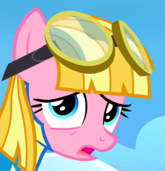 Size: 685x707 | Tagged: safe, screencap, character:meadow flower, species:pegasus, species:pony, episode:wonderbolts academy, clothing, female, goggles, mare, solo, uniform, wonderbolts uniform
