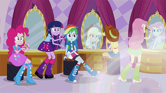 Size: 576x324 | Tagged: safe, screencap, character:applejack, character:fluttershy, character:pinkie pie, character:rainbow dash, character:twilight sparkle, equestria girls:equestria girls, g4, my little pony:equestria girls, animated, balloon, boots, bracelet, carousel boutique, clothing, drawer, high heel boots, jewelry, mirror, perfume, skirt, sparkles, this is our big night