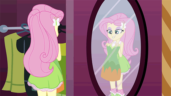Size: 576x324 | Tagged: safe, screencap, character:fluttershy, equestria girls:equestria girls, g4, my little pony:equestria girls, animated, boots, carousel boutique, clothing, dress, high heel boots, mirror, skirt, sleeveless, socks, solo, strapless, tank top, this is our big night