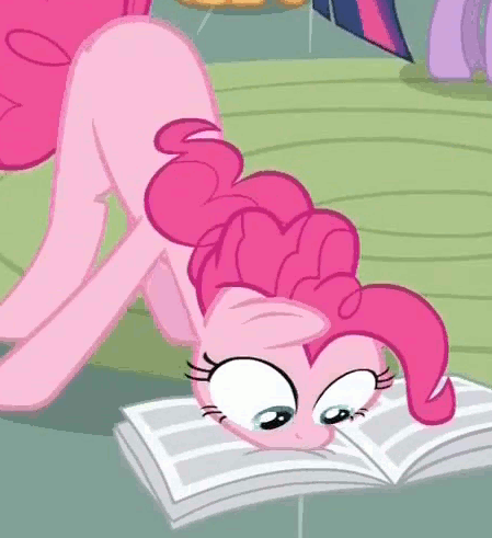 Size: 449x491 | Tagged: safe, screencap, character:pinkie pie, character:twilight sparkle, episode:ponyville confidential, g4, my little pony: friendship is magic, animated, cropped, loop, offscreen character, reading, solo focus