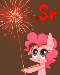 Size: 800x1000 | Tagged: safe, artist:joycall6, part of a set, character:pinkie pie, species:earth pony, species:pony, series:joycall6's periodic table, g4, blushing, chemistry, fireworks, hoof hold, periodic table, solo, sparkler, strontium