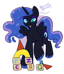 Size: 610x703 | Tagged: safe, artist:lulubell, character:nightmare moon, character:princess luna, species:alicorn, species:pony, g4, blocks, filly, solo, younger