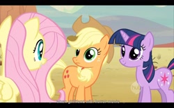 Size: 1680x1050 | Tagged: safe, screencap, character:applejack, character:fluttershy, character:twilight sparkle, episode:the last roundup, g4, my little pony: friendship is magic, appletwishy, youtube caption