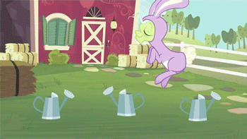 Size: 350x197 | Tagged: safe, screencap, character:granny smith, character:scootaloo, character:sweetie belle, species:pegasus, species:pony, episode:family appreciation day, g4, my little pony: friendship is magic, animal costume, animated, bipedal, bunny costume, bunny ears, clothing, costume, hopping, watering can