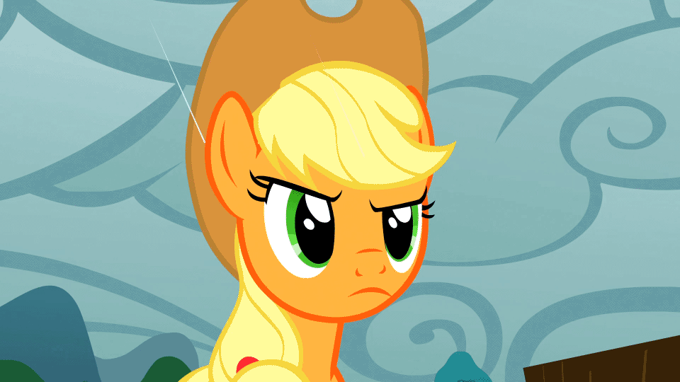 Size: 960x540 | Tagged: safe, screencap, character:applejack, character:rarity, episode:look before you sleep, g4, my little pony: friendship is magic, angry, animated, applejack is not amused, duo, glare, rain, rarity is not amused