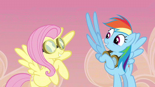 Size: 500x281 | Tagged: safe, screencap, character:fluttershy, character:rainbow dash, episode:hurricane fluttershy, g4, my little pony: friendship is magic, animated, cropped, cute, eyes closed, flying, goggles, grin, high five, high wing, shyabetes, smiling, spread wings, wing hands, wings