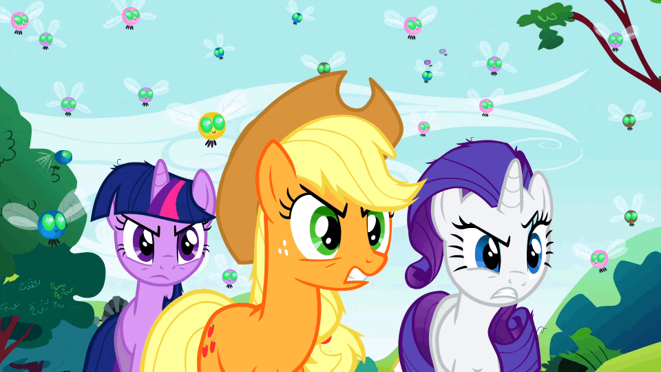 Size: 960x540 | Tagged: safe, screencap, character:applejack, character:rarity, character:twilight sparkle, episode:swarm of the century, g4, my little pony: friendship is magic, angry, animated, applejack is not amused, applejack's hat, clothing, cowboy hat, hat, hat pop, parasprite, rarity is not amused, twilight is not amused, unamused