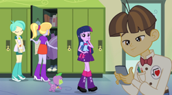 Size: 1024x568 | Tagged: safe, screencap, character:cloudy kicks, character:spike, character:twilight sparkle, character:wiz kid, species:dog, equestria girls:equestria girls, g4, my little pony:equestria girls, background human, backpack, badge, bag, bedroom eyes, book, boots, bow tie, bracelet, clothing, cloudy kicks, high heel boots, iphone, jewelry, lockers, mirror, shoes, skirt, sneakers, spike the dog, tennis ball, tennis match, this strange world, wiz kid