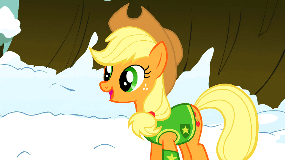 Size: 960x540 | Tagged: safe, screencap, character:applejack, species:earth pony, species:pony, episode:winter wrap up, g4, my little pony: friendship is magic, animated, applejack's hat, blinking, clothing, cowboy hat, cute, female, floppy ears, freckles, happy, hat, hoofy-kicks, jackabetes, mare, open mouth, rearing, snow, solo, vest, winter wrap up vest