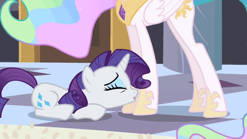 Size: 500x281 | Tagged: safe, screencap, character:princess celestia, character:rarity, episode:sweet and elite, g4, my little pony: friendship is magic, animated, cropped, duo, grovelling, hoof kissing, kissing, platonic kiss