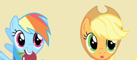 Size: 450x200 | Tagged: safe, screencap, character:applejack, character:rainbow dash, episode:party of one, g4, my little pony: friendship is magic, animated, apple