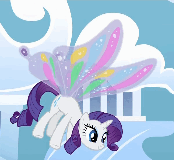 Size: 600x550 | Tagged: safe, screencap, character:rarity, episode:sonic rainboom, g4, my little pony: friendship is magic, animated, butt wings, cropped, glimmer wings, loop, solo, talking, wings