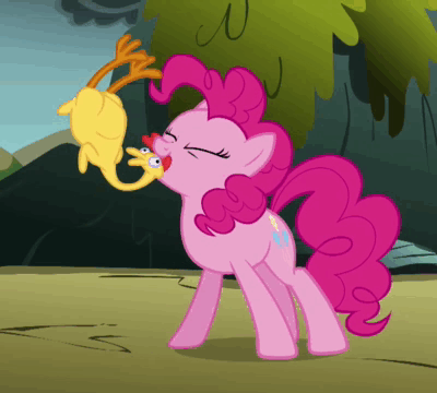 Size: 400x360 | Tagged: safe, screencap, character:pinkie pie, episode:dragonshy, g4, my little pony: friendship is magic, animated, artifact, cute, diapinkes, eyes closed, mouth hold, playing, rubber chicken, smiling, solo