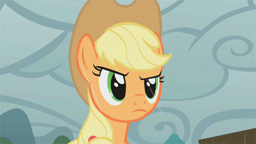 Size: 500x281 | Tagged: safe, screencap, character:applejack, episode:look before you sleep, g4, my little pony: friendship is magic, animated, annoyed, frown, rain, solo