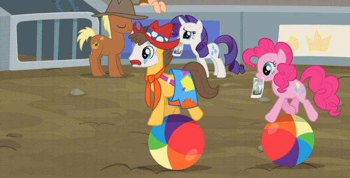 Size: 688x351 | Tagged: safe, screencap, character:caramel, character:meadow song, character:pinkie pie, character:rarity, episode:the last roundup, g4, my little pony: friendship is magic, animated, balancing, ball, clown, mouth hold, peachy cream, smiling, trotting