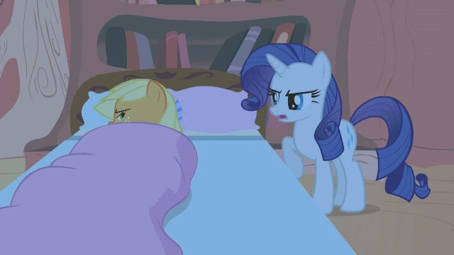 Size: 640x360 | Tagged: safe, screencap, character:applejack, character:rarity, episode:look before you sleep, g4, my little pony: friendship is magic, animated, annoyed, bed, duo, eyeroll, lidded eyes, talking