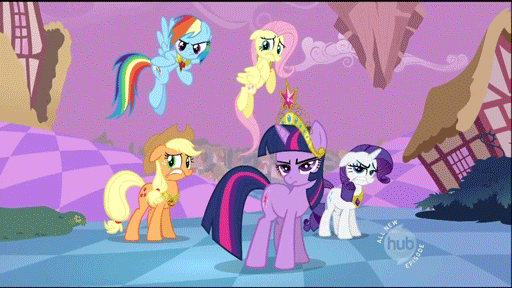 Size: 512x288 | Tagged: safe, screencap, character:applejack, character:fluttershy, character:pinkie pie, character:rainbow dash, character:rarity, character:twilight sparkle, character:twilight sparkle (unicorn), species:earth pony, species:pegasus, species:pony, species:unicorn, episode:the return of harmony, g4, my little pony: friendship is magic, animated, big crown thingy, discorded landscape, element of generosity, element of honesty, element of kindness, element of laughter, element of loyalty, element of magic, elements of harmony, gritted teeth, hub logo, jewelry, mane six, purple sky, regalia