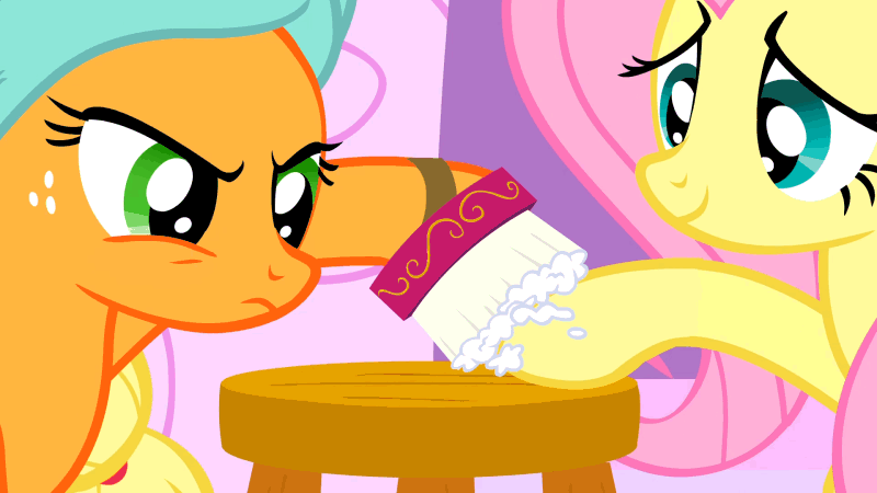 Size: 800x450 | Tagged: safe, screencap, character:applejack, character:fluttershy, episode:the best night ever, g4, my little pony: friendship is magic, animated, brush, brushing, floppy ears, frown, head towel, spit, towel, towel on head
