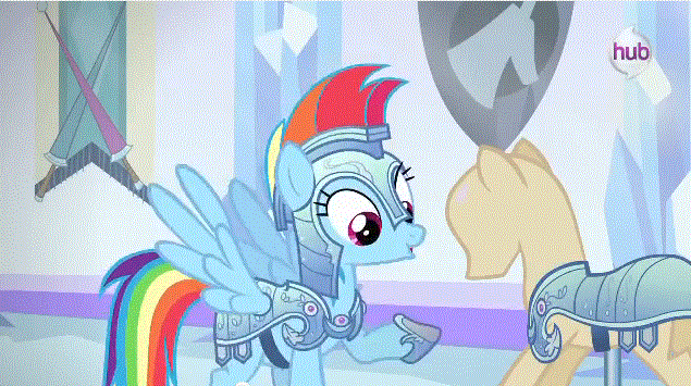 Size: 635x355 | Tagged: safe, screencap, character:rainbow dash, episode:the crystal empire, g4, my little pony: friendship is magic, armor, hub logo, jousting, mannequin, season 3