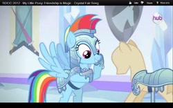 Size: 1280x800 | Tagged: safe, screencap, character:rainbow dash, episode:the crystal empire, g4, my little pony: friendship is magic, armor, hub logo, jousting, mannequin, san diego comic con, sdcc 2012, solo, youtube
