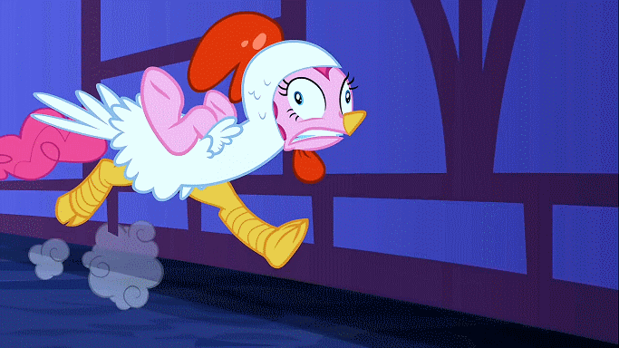 Size: 683x384 | Tagged: safe, screencap, character:pinkie pie, species:chicken, episode:luna eclipsed, g4, my little pony: friendship is magic, animal costume, animated, bipedal, chicken pie, chicken suit, clothing, costume, derp, gritted teeth, loop, nightmare night costume, running