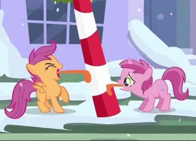 Size: 400x287 | Tagged: safe, screencap, character:ruby pinch, character:scootaloo, species:pegasus, species:pony, episode:hearth's warming eve, g4, my little pony: friendship is magic, a christmas story, animated, candy, candy cane, food, hub logo, hubble, ouch, stuck, the hub, tongue out, tongue stuck to pole