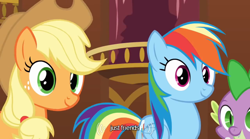 Size: 640x355 | Tagged: safe, screencap, character:applejack, character:rainbow dash, character:spike, best friends, meme, youtube caption