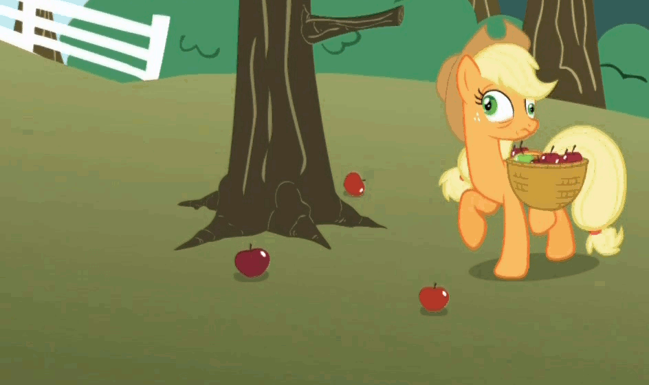 Size: 944x560 | Tagged: safe, screencap, character:applejack, species:pony, episode:applebuck season, g4, my little pony: friendship is magic, animated, derp, dizzy, silly, silly pony, solo, who's a silly pony