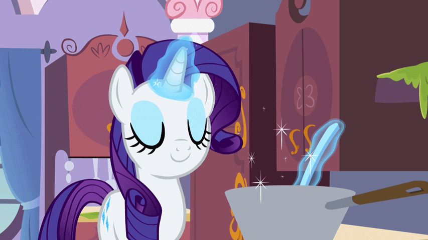 Size: 853x480 | Tagged: safe, screencap, character:rarity, species:pony, episode:sisterhooves social, g4, my little pony: friendship is magic, animated, eyes closed, female, levitation, loop, magic, mare, pot, smiling, telekinesis